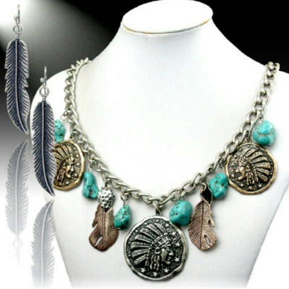 Boutique Jewelry - Turquoise Indian Chief & Feather Necklace Set